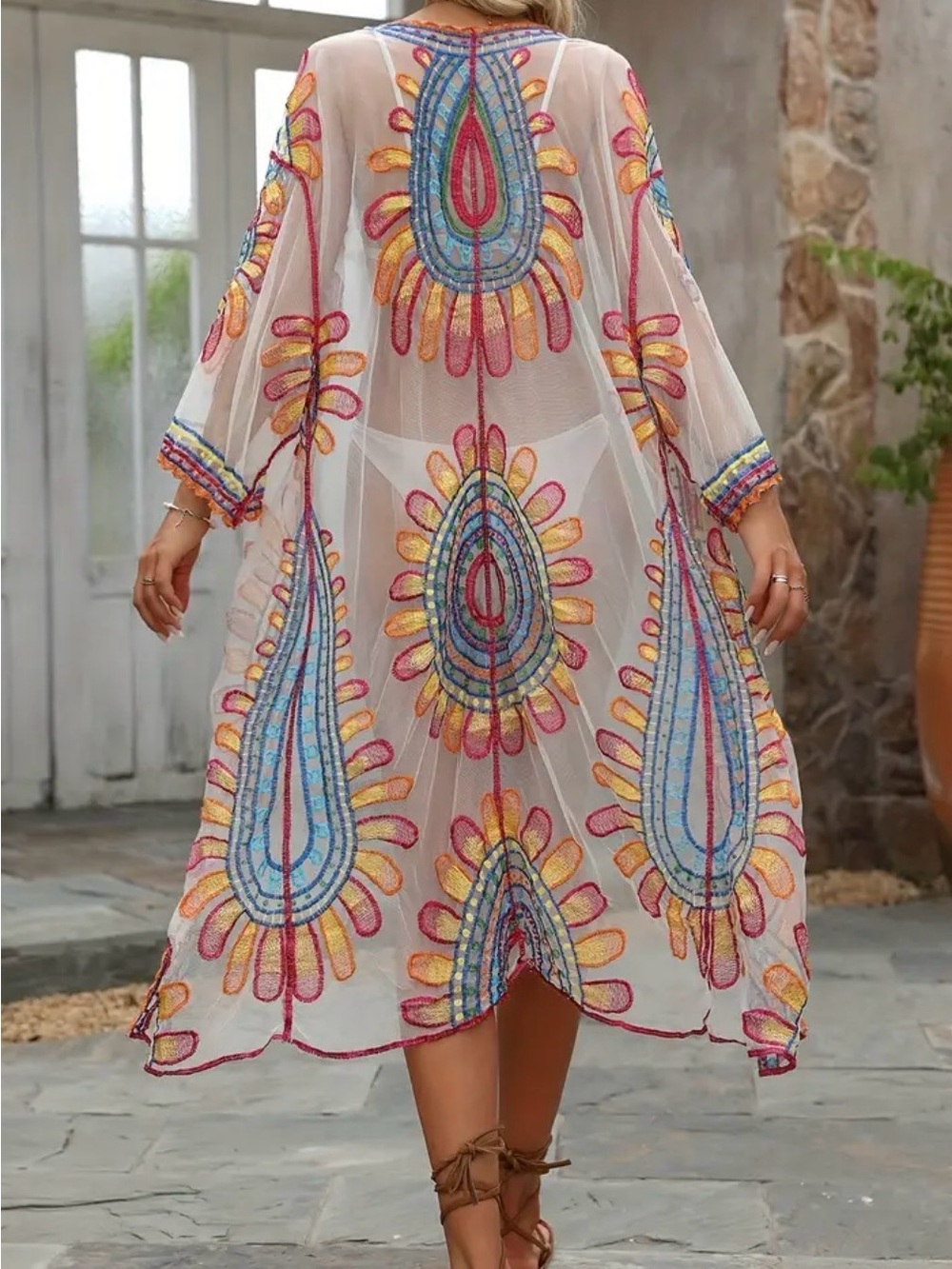 Boho One Size Sheer Embroidered Kimono rainbow peacock floral